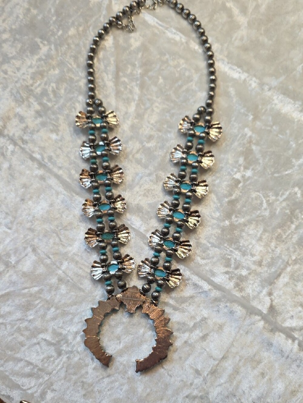 Southwestern Faux Turquoise Silver Tone Squash Blossom Statement Necklace - Picture 4 of 4